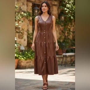 Zara Brown Faux Leather Button Front Midi Maxi Dress Sleeveless Size XS